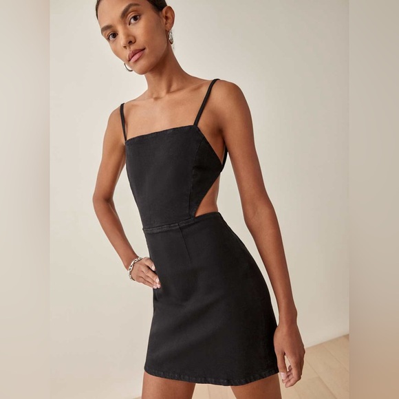 Reformation Kate Tie Back Denim Mini Dress in Black Size 12 - Picture 3 of 10